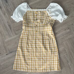 Yellow Plaid Puff Sleeve Dress Size Medium NWOT